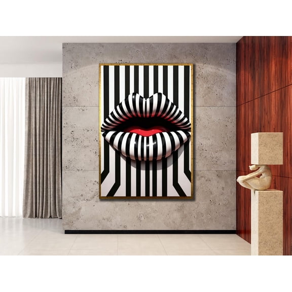 Lips Pop Art Wall Art Print, Black Stripes Poster, Modern Wall Decor Unframed Paper Print