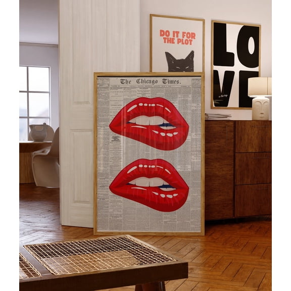 Lips Poster-70s Art Print-Newspaper Poster-Red Wall Art-Trippy Wall Art-Summer House Poster-Trendy Wall Art-Preppy Poster-Funky Wall Art Unframed Paper Print