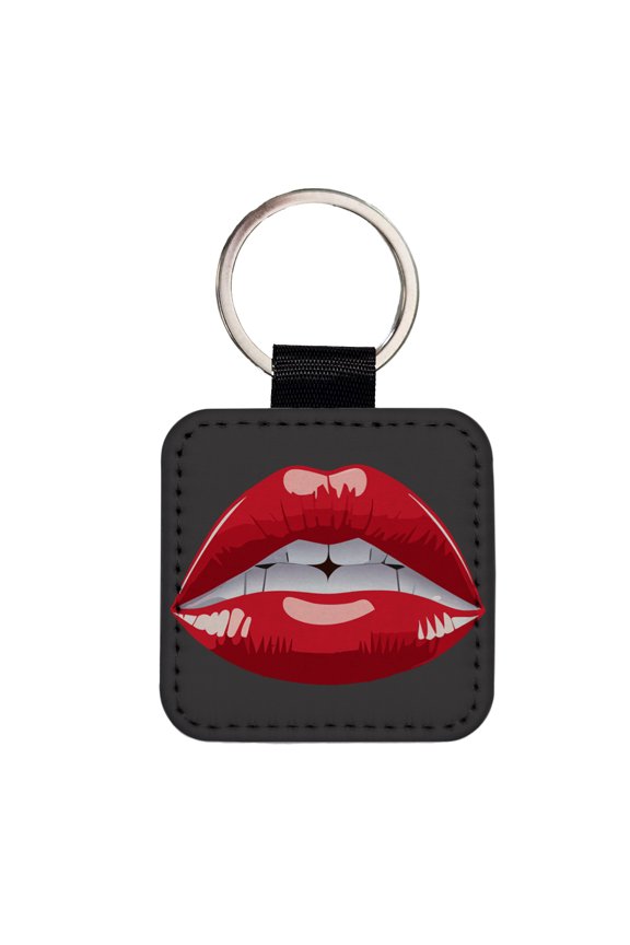 Lips Red Lipstick Mouth Faux Leather Square Keychain