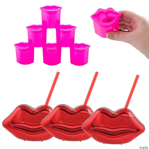 Lips-Shaped Plastic Drinkware Cups & Shot Glasses Kit - 24 Pieces