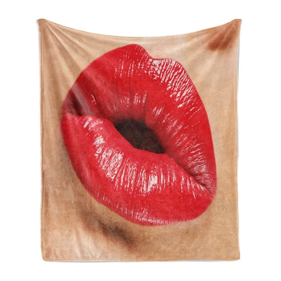 Lips Soft Flannel Fleece Blanket, Female Gesture Woman Blowing a Kiss with Red Juicy Lipstick Illustration, Cozy Plush for Indoor and Outdoor Use, 70" x 90", Sand Brown and Scarlet, by Ambesonne