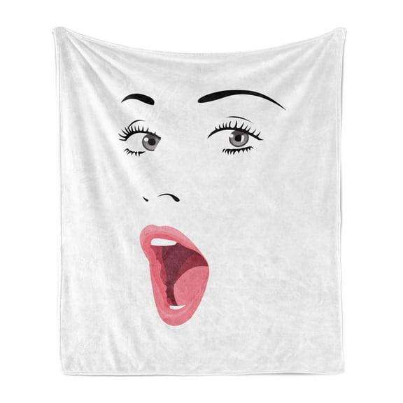 Lips Soft Flannel Fleece Blanket, Funny Art Style Illustration of Pale Color Eyed Woman with Surprised Facial Expression, Cozy Plush for Indoor and Outdoor Use, 60" x 80", Multicolor, by Ambesonne