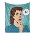 thumbnail image 1 of Lips Soft Flannel Fleece Blanket, Top Secret Silence Businesswoman Concept Comic Pop Art Retro Style on Dotted Pattern, Cozy Plush for Indoor and Outdoor Use, 50" x 60", Multicolor, by Ambesonne, 1 of 6