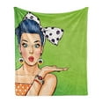thumbnail image 1 of Lips Soft Flannel Fleece Throw Blanket, Comic Style Pop Art Retro Girl with Blue Hair Polka Dotted Hair Tie Blowing a Kiss, Cozy Plush for Indoor and Outdoor Use, 60" x 80", Multicolor, by Ambesonne, 1 of 6