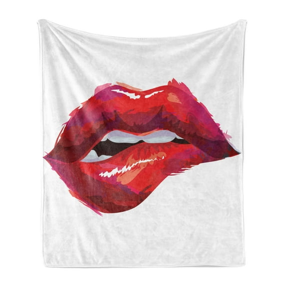 Lips Soft Flannel Fleece Throw Blanket, Detailed Woman Biting Design with Pinkish Tones on Plain Background, Cozy Plush for Indoor and Outdoor Use, 60" x 80", Dark Coral Pink White, by Ambesonne