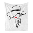 thumbnail image 1 of Lips Soft Flannel Fleece Throw Blanket, Minimalist HDrawn Long Hair Girl Wearing a Big Floppy Hat, Cozy Plush for Indoor and Outdoor Use, 50" x 60", Vermilion Black White, by Ambesonne, 1 of 5