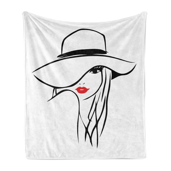 Lips Soft Flannel Fleece Throw Blanket, Minimalist HDrawn Long Hair Girl Wearing a Big Floppy Hat, Cozy Plush for Indoor and Outdoor Use, 50" x 60", Vermilion Black White, by Ambesonne