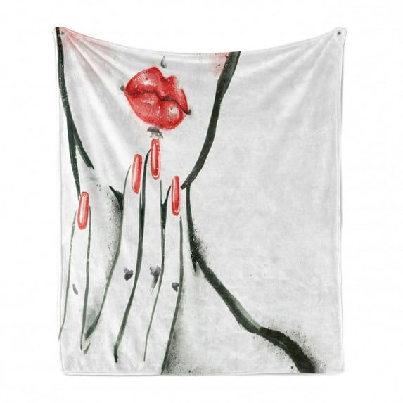 Lips Soft Flannel Fleece Throw Blanket, Sketched Illustration of a Woman with Red Nails and Blushed Cheeks, Cozy Plush for Indoor and Outdoor Use, 50" x 70", Charcoal Grey White, by Ambesonne