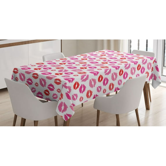 Lips Tablecloth, Pink and Warm Color Romantic Kisses Smack Print Repeating Pattern on White Background, Rectangle Satin Table Cover for Dining Room and Kitchen, 52" X 70", Multicolor, by Ambesonne