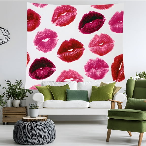Lips Tapestry Wall Hanging, Pink Red Kiss Print Tapestry, Girly Aesthetic Lipstick Wall Decor for Bedroom Dorm Makeup Room Salon