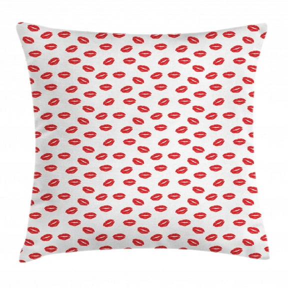 Lips Throw Pillow Cushion Cover, Attractive Kisses Imprint Inspired Repeating Pattern on Plain Background Romance, Decorative Square Accent Pillow Case, 24" X 24", Scarlet White, by Ambesonne
