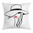 thumbnail image 1 of Lips Throw Pillow Cushion Cover, Stylized and Minimalist Hand Drawn Long Hair Girl Wearing a Big Floppy Hat, Decorative Square Accent Pillow Case, 20" X 20", Vermilion Black White, by Ambesonne, 1 of 2