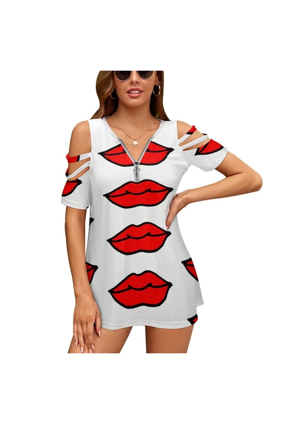Lips! Womens Summer V Neck Zipper Top Short Sleeve T Shirt Off Shoulder Top Casual Classy Loose Shirts