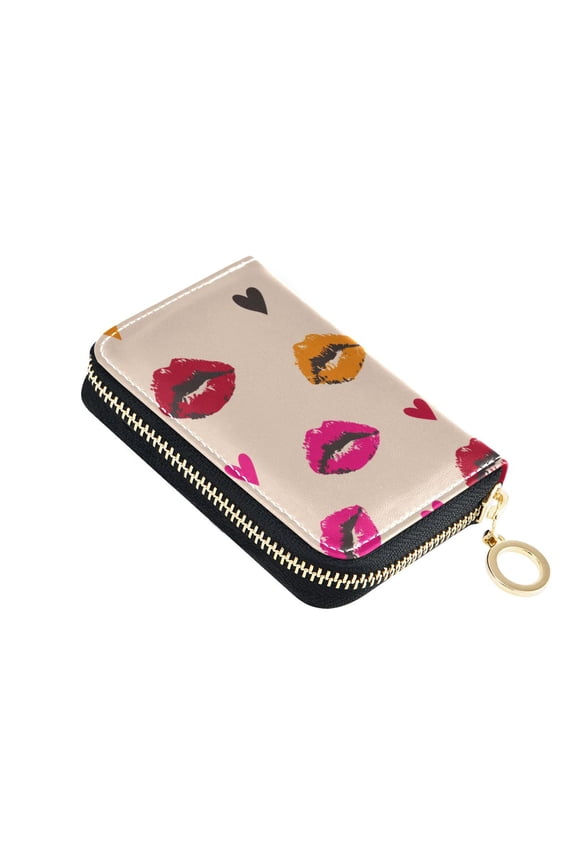 Lips with Heart Pattern Valentine Women's Credit Card Holder PU Leather Zipper Wallet RFID Blocking