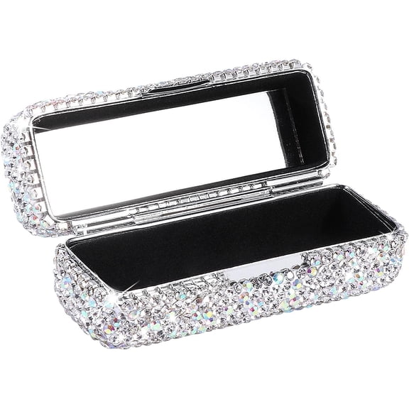 Lipstick Case Holder Shiny Rhinestone Lipstick Organizer with Mirror Portable Bling Lipstick Storage Holder Lip Gloss Makeup Storage Bag