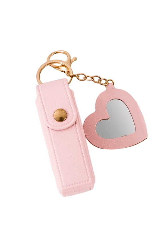 Lipstick Clip Keychain Pendant with Mirror Imitation Leather Lip Gloss Holder Heart-Shaped Pendant Alloy Key Ring