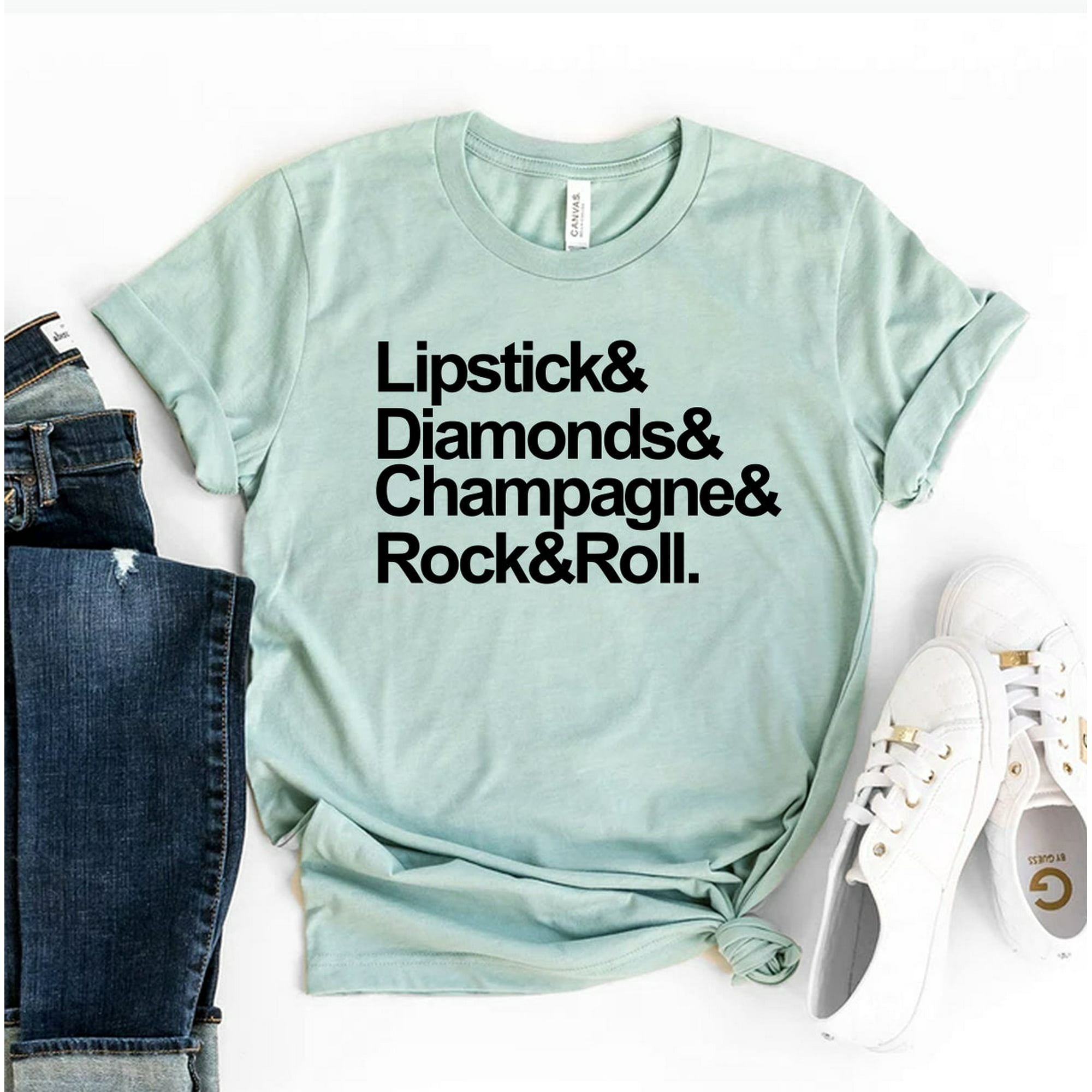 Lipstick Diamonds Champagne Rock and Roll T-shirt Gift Bachelorette Tshirt Women's Weekend Top Country Music Shirt Shirts - Walmart.com
