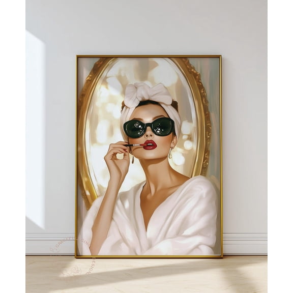 Lipstick Glam Woman Art Print, Retro Chic Fashion Poster Home Decor #2405, Unframed Canvas Size 12x18