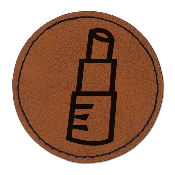 Lipstick Gloss Makeup Doodle 2.5" Faux Leather Round Engraved Iron-On Patch - Brown