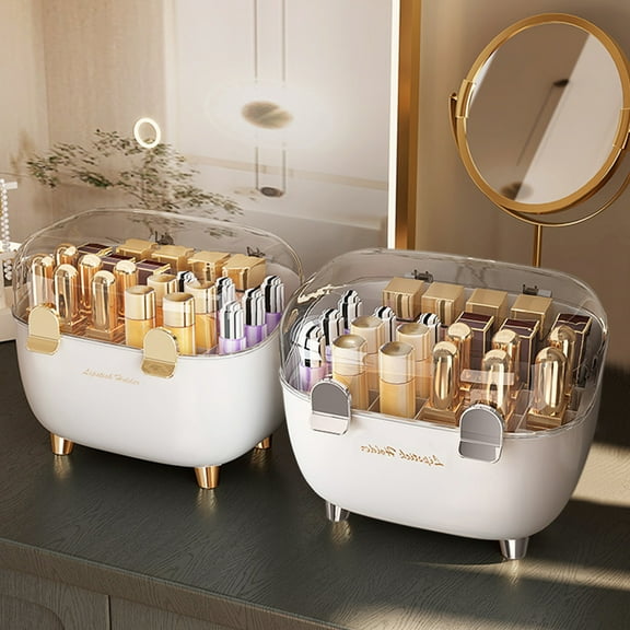 Lipstick Organizer under $5! CQCYD Lipstick Storage Box with Lid, Dust Proof Cosmetic Organizer for Makeup Tabletop, Transparent Lip Gloss Lipstick Display Rack