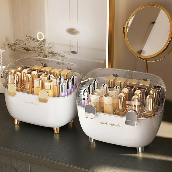 Lipstick Organizer under $5! CQCYD Lipstick Storage Box with Lid, Dust Proof Cosmetic Organizer for Makeup Tabletop, Transparent Lip Gloss Lipstick Display Rack