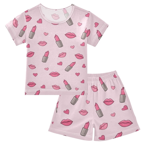 Lipstick Pattern Summer Pajama Set Soft Cotton Short Sleeve Sleepwear 2PCS Pajama Sets Breathable Lounge Set Size 10Y
