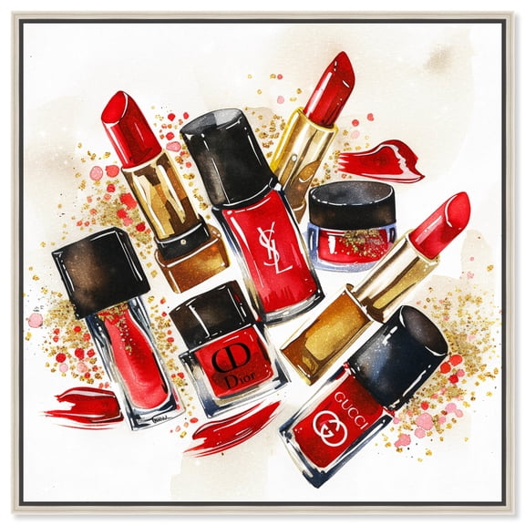 Lipstick and Nail Polish Collection Canvas Glam Art Prints by Art Remedy, Silver Frame, 20" x 20"