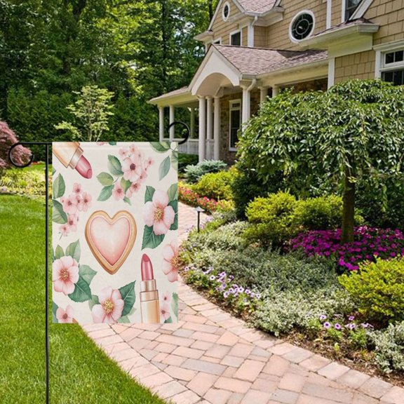 Lipsticks Hearts Flowers Leaves Garden Flag Double Sided 12 x 18 Inch Outside Yard Decoration Outdoor Flag
