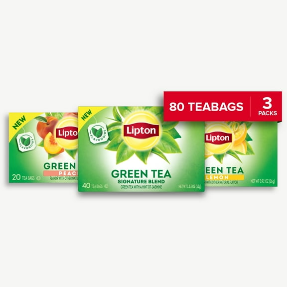 Lipton Best of Three Green Tea Flavors containing Lemon, peach and Signature Green tea with Hint of Jasmine Bundle of 3