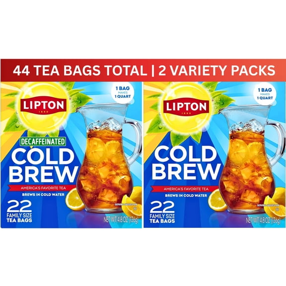Lipton Cold Brew Iced Tea Variety Pack, Regular + Decaf Black Tea, 44 Tea Bags (22 ct Each)