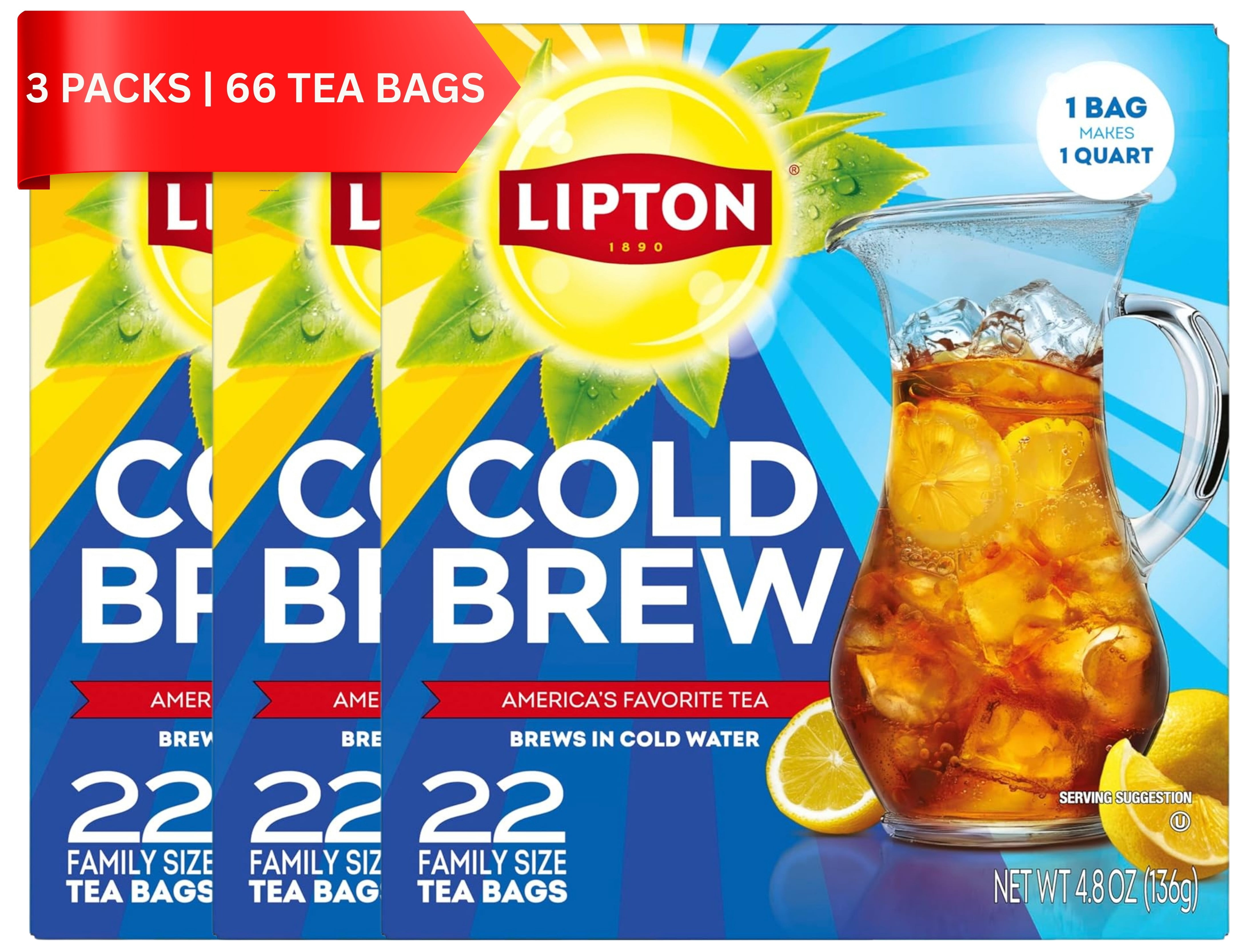 Lipton Cold Brew Iced Tea Bags, Family Size Zero Calories, Easy-To-Make with no boiling needed, 22 Total Tea Bags (Pack of 3)