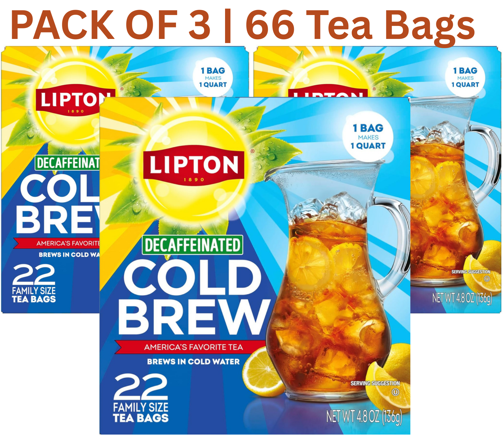 Lipton Cold Brew Unsweetened Decaffeinated Black Iced Tea, 22 Family Size Bags (Pack of 3)