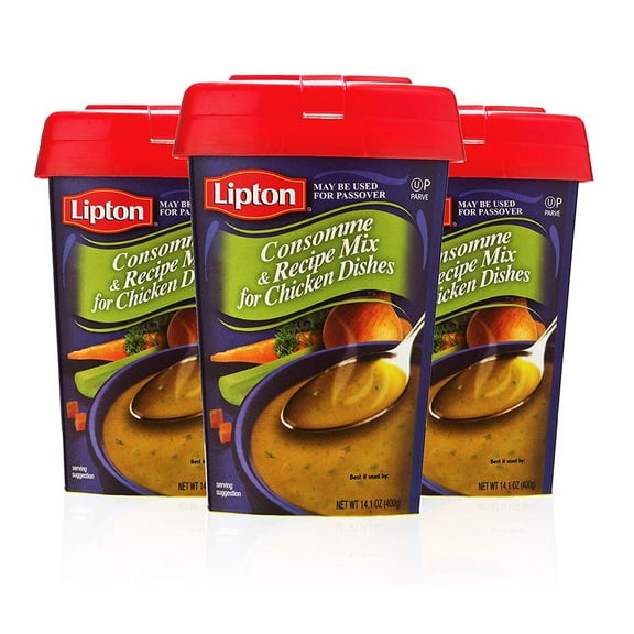 Lipton Consomme, Chicken Style Soup & Seasoning Mix, 14.1oz Canister 3 Pack Resealable Lid, Meat Free, Certified Kosher