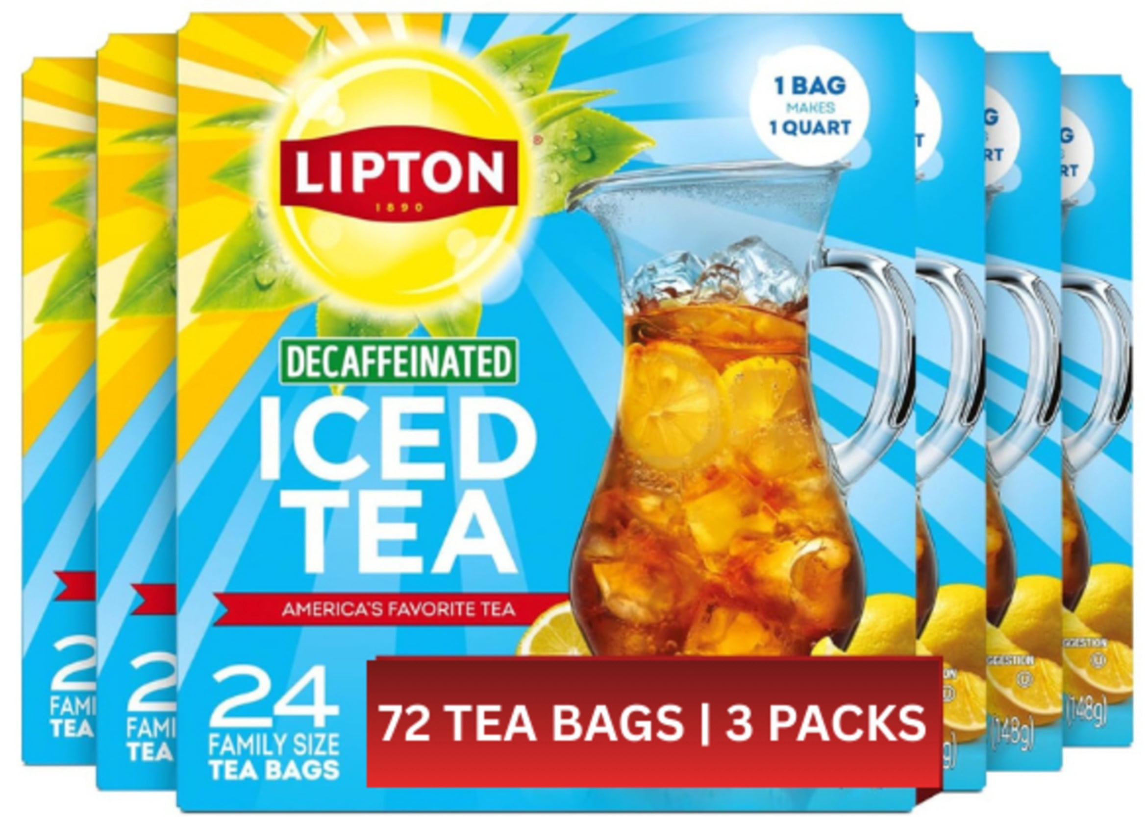 Lipton Decaf Black Iced Tea Bags, Family Size, Zero Calories, 72 Tea Bags Total (24ct - Pack of 3), Unsweetened Decaffeinated Black Tea