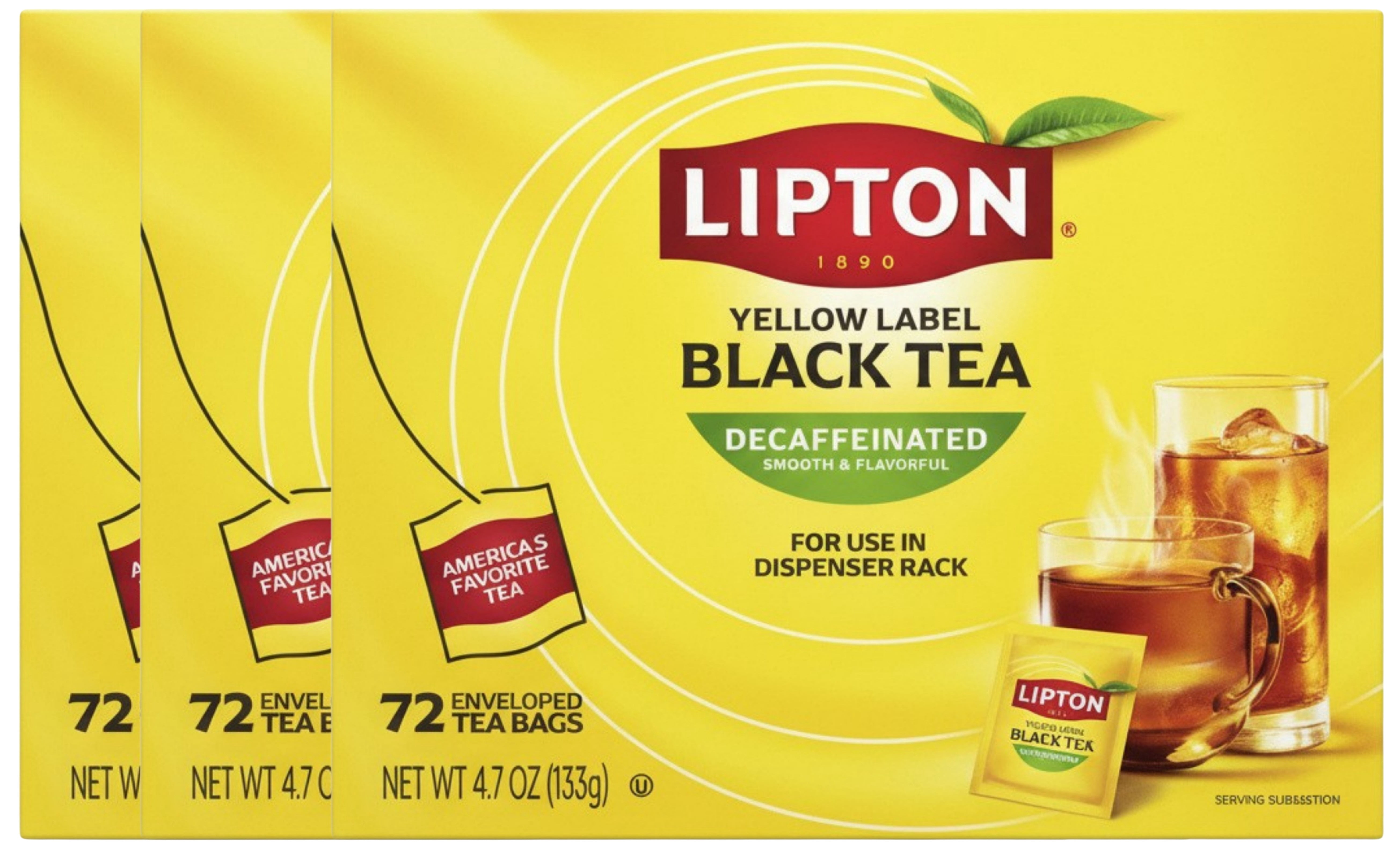 Lipton Decaf Black Tea Bags, Caffeine-Free Hot or Iced Tea, Smooth & Vibrant Flavor, 72 Count (Pack of 3)
