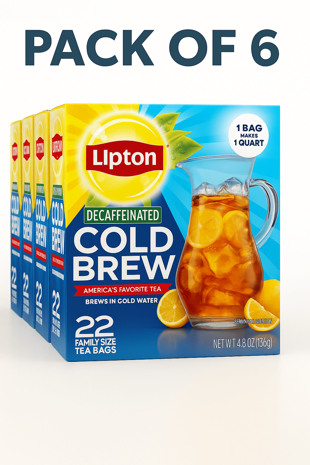Lipton Decaf Cold Brew Iced Tea Bags, Family Size, No Boil Needed, 22 Bags per Box (Pack of 6, Total 132 Tea Bags)