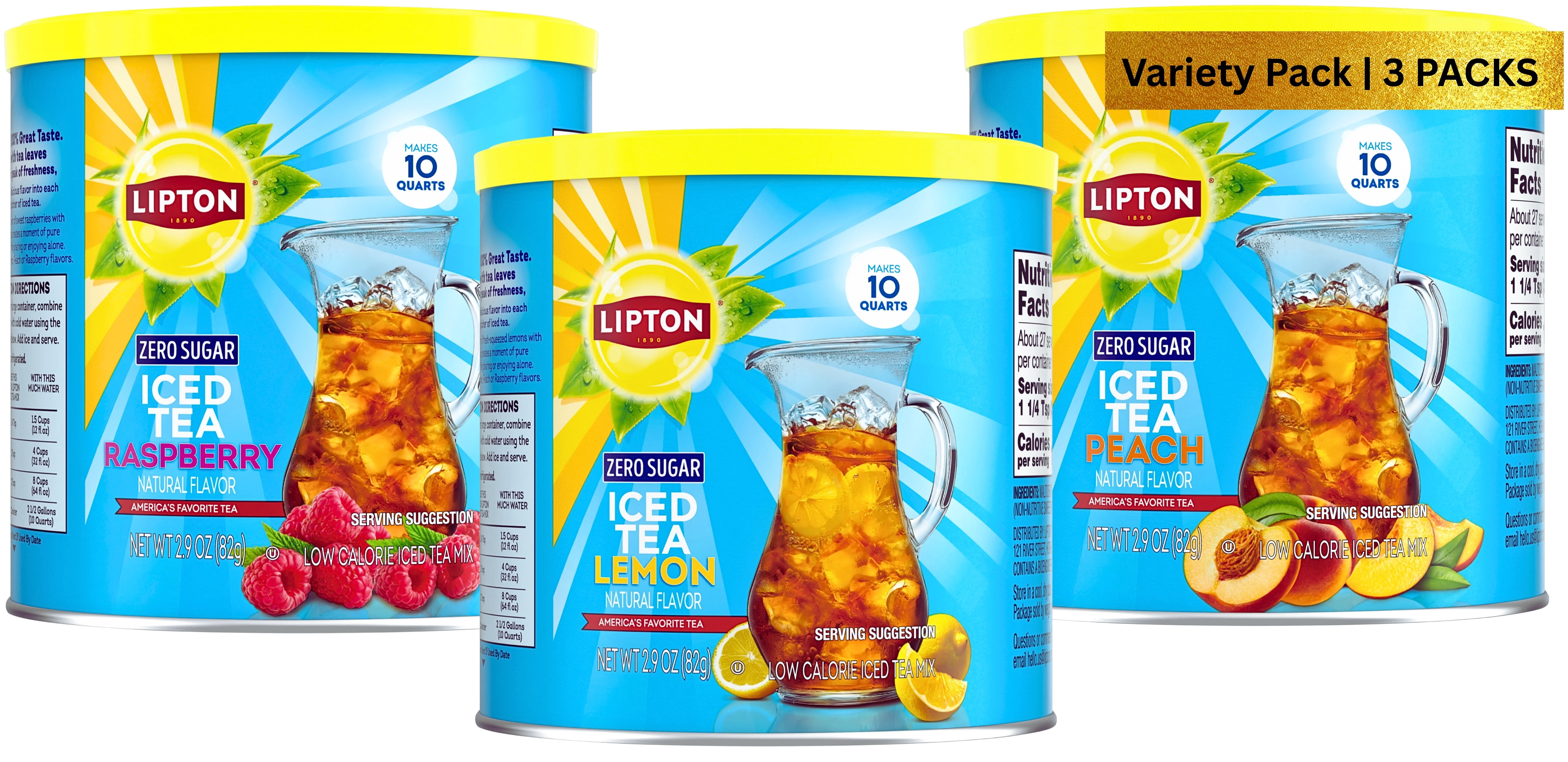 Lipton Diet Zero Sugar Iced Tea Variety Bundle – Lemon, Peach & Raspberry, 10 Qt Each, 3-Pack (Total 30 Qt) | No Sugar, Kosher, Black Tea Powder