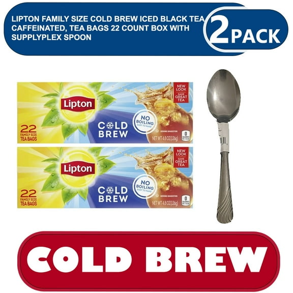 Lipton Family Size Cold Brew Iced Black Tea Caffeinated, Tea Bags 22 Count Box with supplyplex spoon