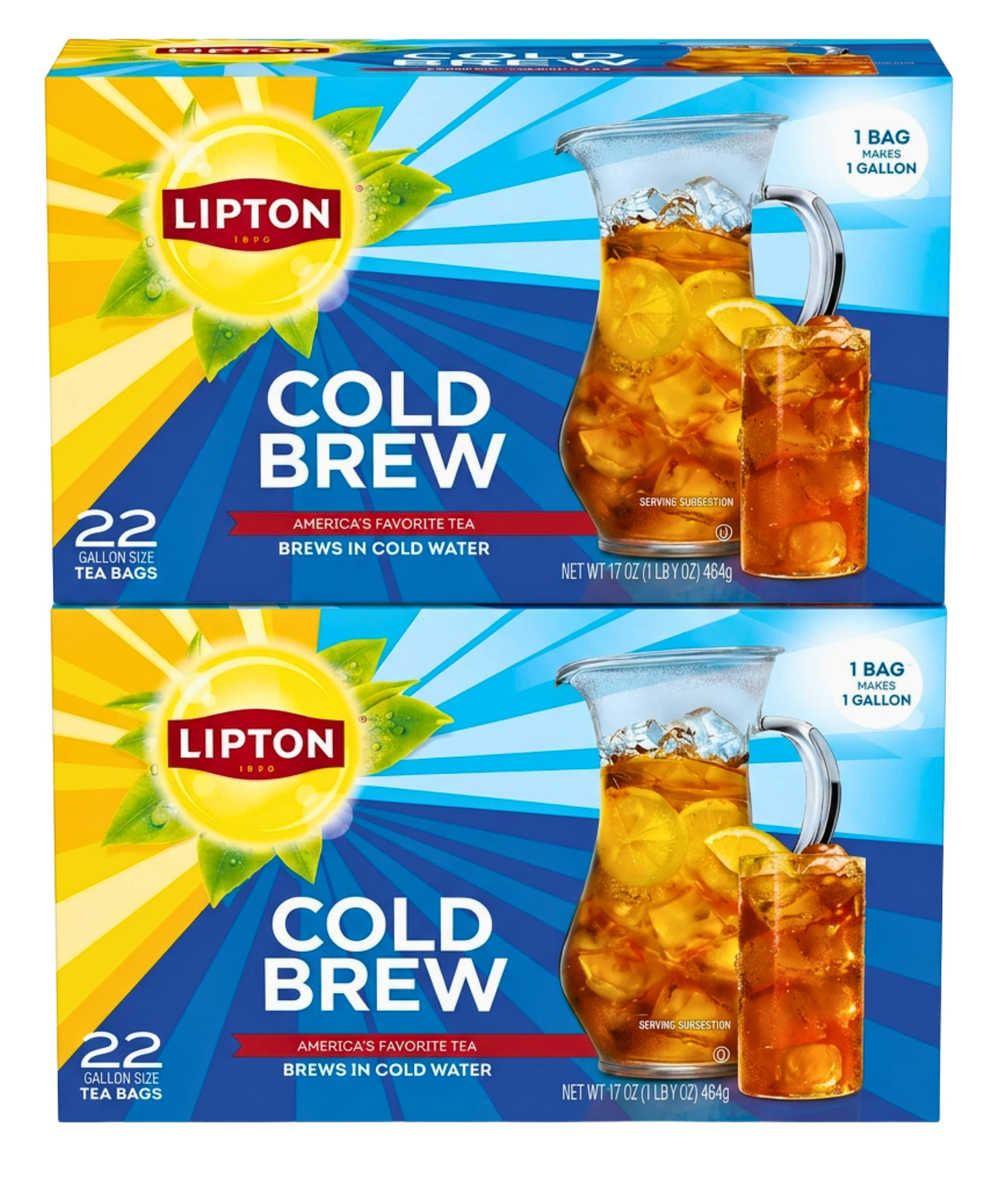Lipton Cold Brew Iced Tea Bags, Gallon Size Black Tea, Zero Calories, No Boiling Needed, 22 Count Boxes, Pack of 2, 44 Total Tea Bags