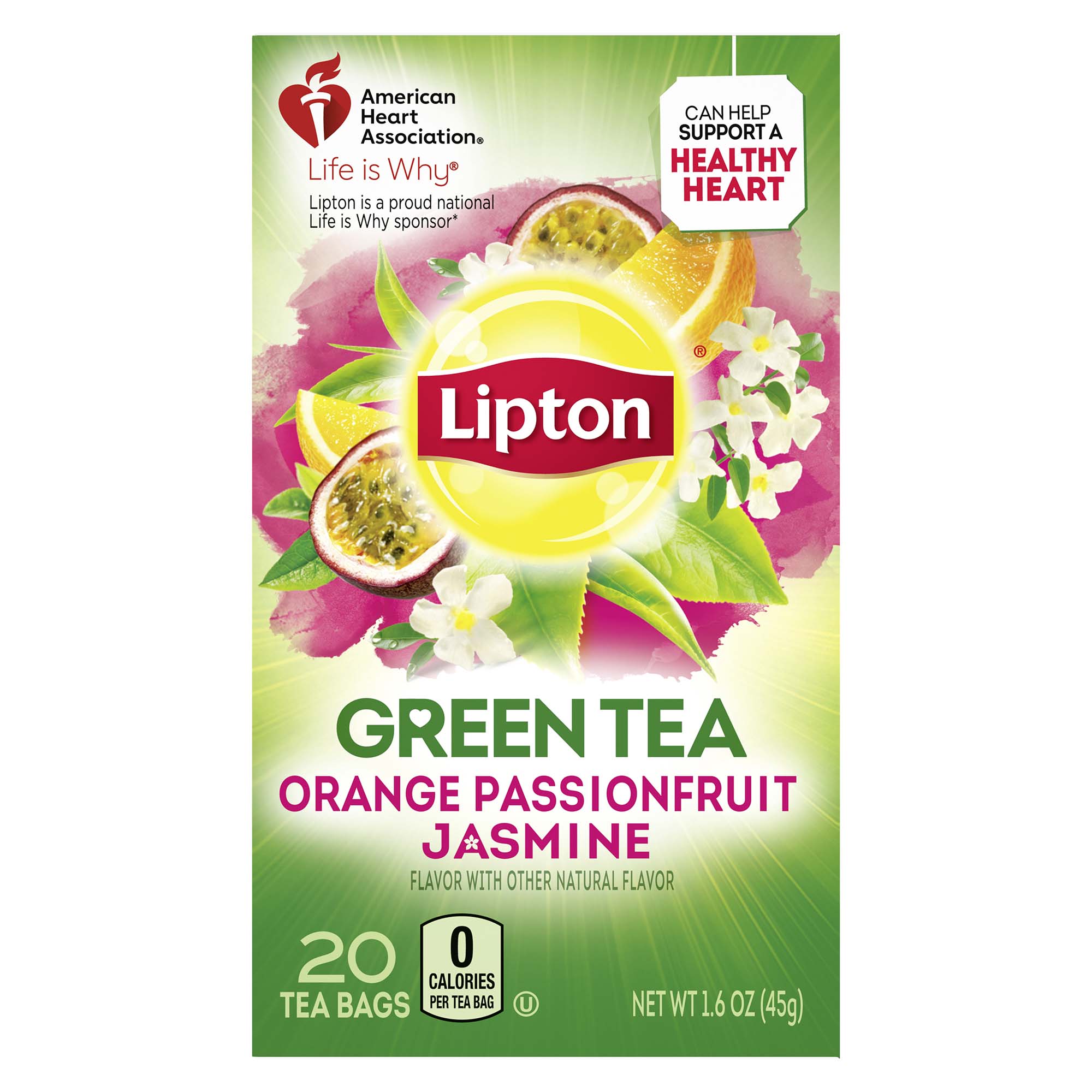 Lipton Green Tea Bags Orange Passionfruit Jasmine Flavored with Other Natural Flavors Can Help Support a Healthy Heart 1.13 oz 20 Count - image 1 of 9