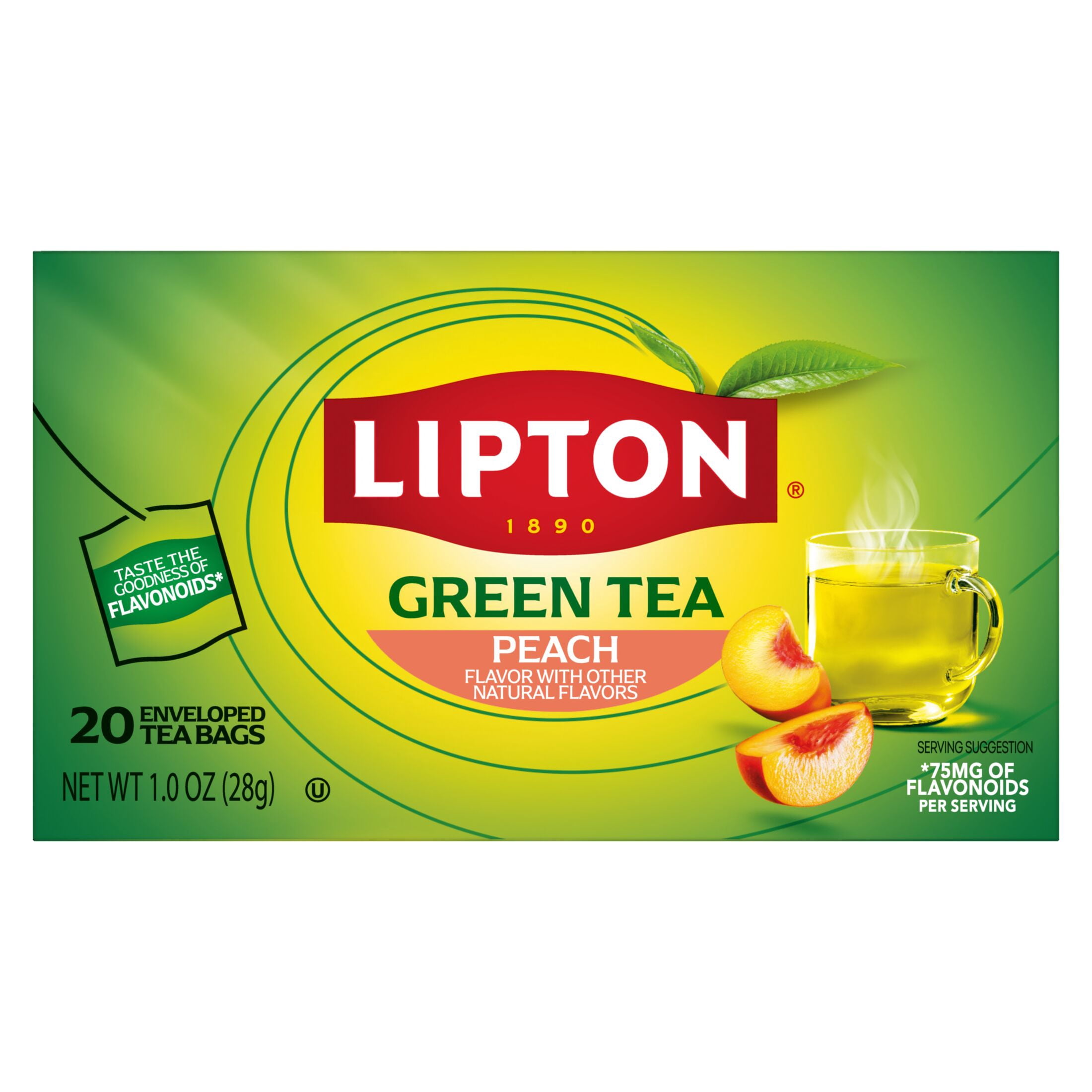 Lipton Peach Green Tea Bags 20 Count with Ripe Peach Flavor and