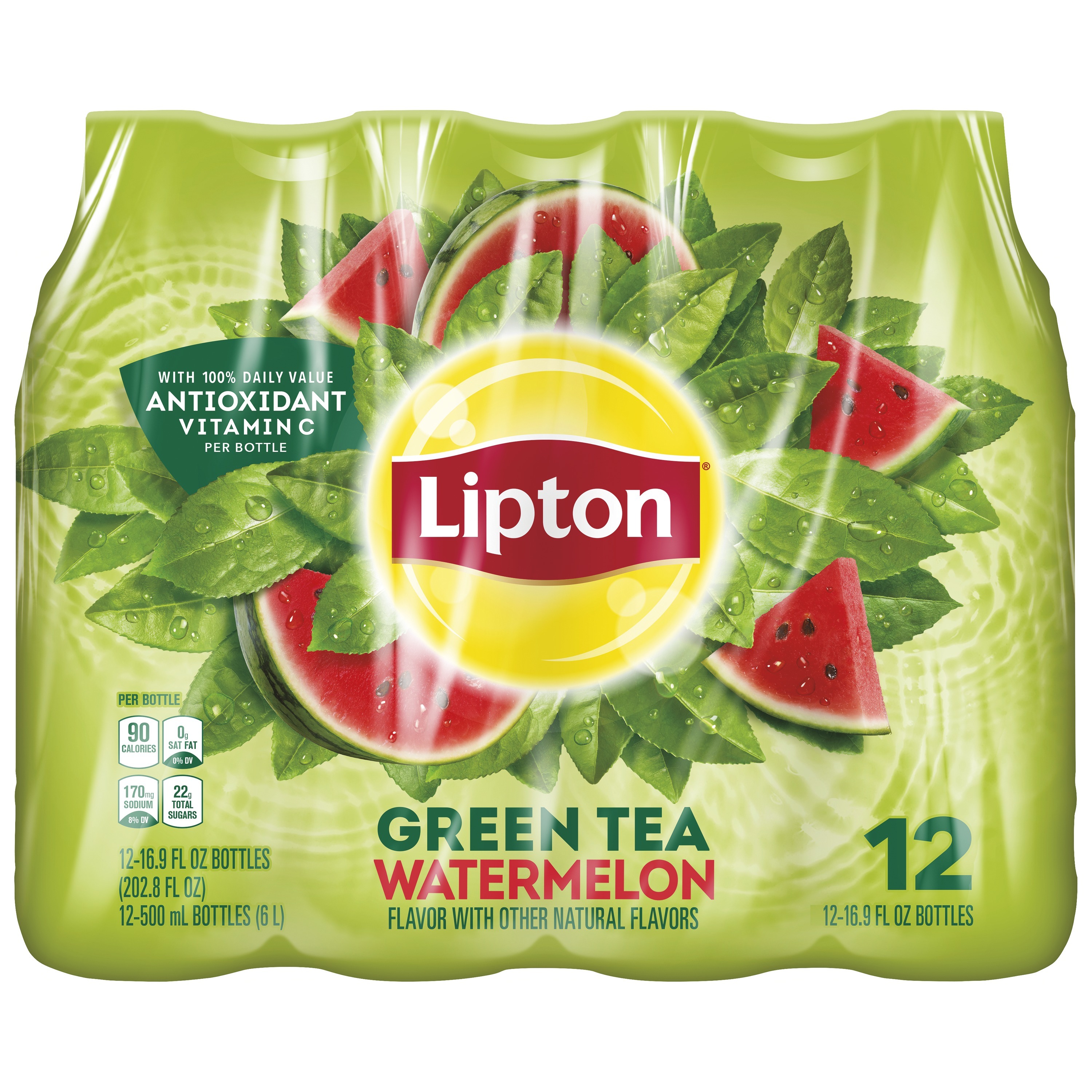 Lipton Green Tea Watermelon Iced Tea, Bottled Tea Drink, 16.9 fl oz 12 Pack Bottle - image 1 of 9