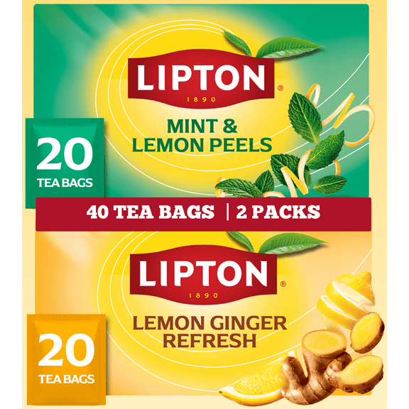 Lipton Herbal Tea Variety Pack, Smooth Mint with Lemon Peels & Lemon Ginger, Caffeine Free, Fruit & Herbal Blend, Individually Wrapped, 20 Count Each (Total 40 Tea Bags)