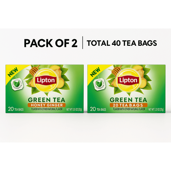 Lipton Honey Ginger Green Tea Bags, Flavored, Unsweetened Teabags for Hot Tea or Iced Tea with Caffeine and Flavonoids, 20 Count Each, Pack of 2 (Total 40 Tea Bags)