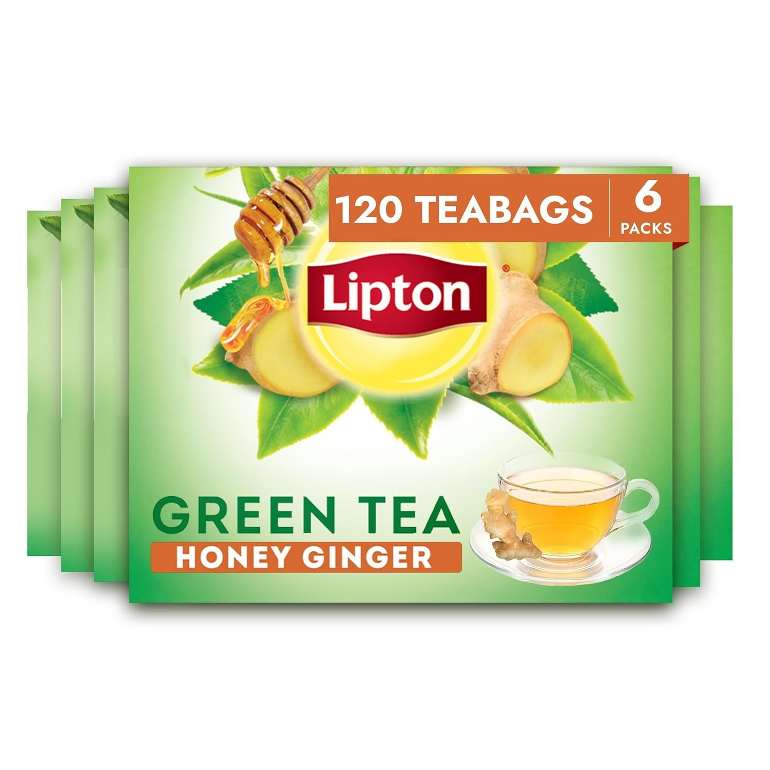 Lipton Honey Ginger Green Tea Bags, Unsweetened, 120 Tea Bags (20ct, Pack of 6), Flavored with Caffeine