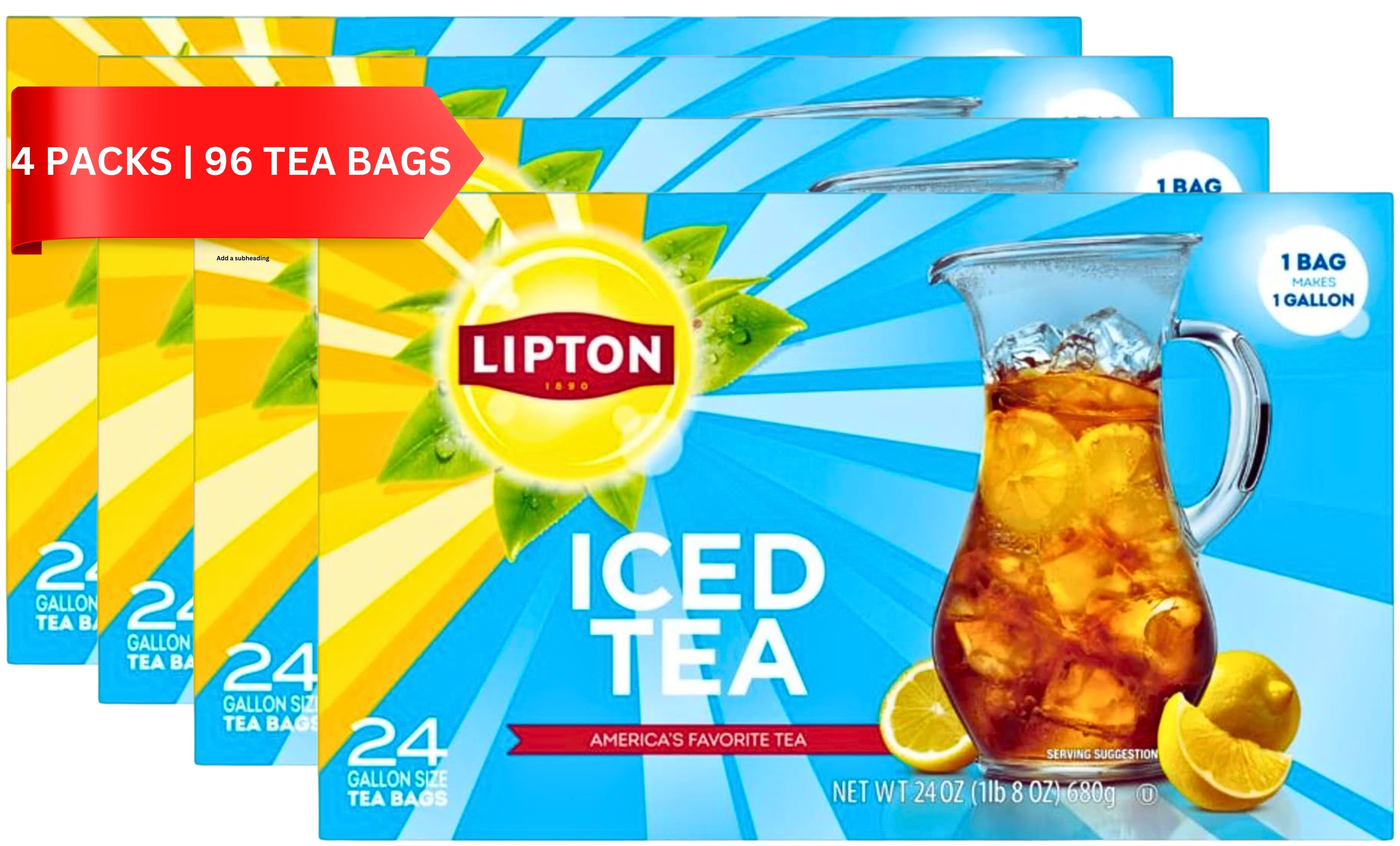 Lipton Iced Black Tea, Gallon Size Tea Bags, 24 Count Pack of 4 Total 96 Gallon Tea Bags