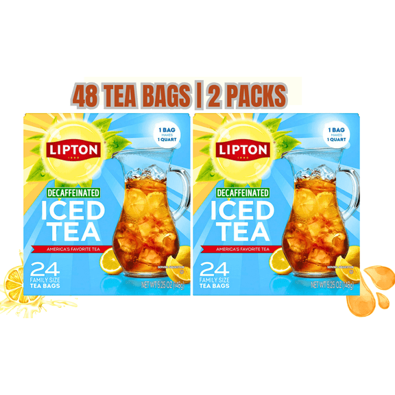 Lipton Iced Tea Decaffeinated, Family Size Tea Bags, 24 Count, Pack of 2 Total 48 Tea Bags