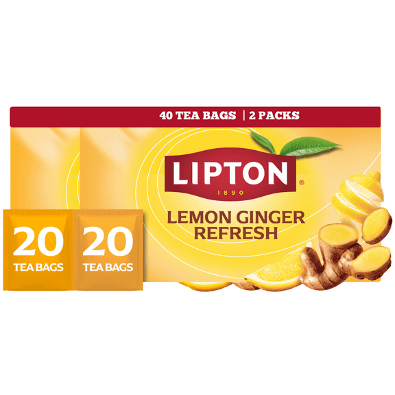 Lipton Lemon Ginger Herbal Tea Bags, Caffeine Free, Refreshing Fruit & Herbal Blend, Individually Wrapped, 20 Count (Pack of 2, Total 40 Tea Bags)