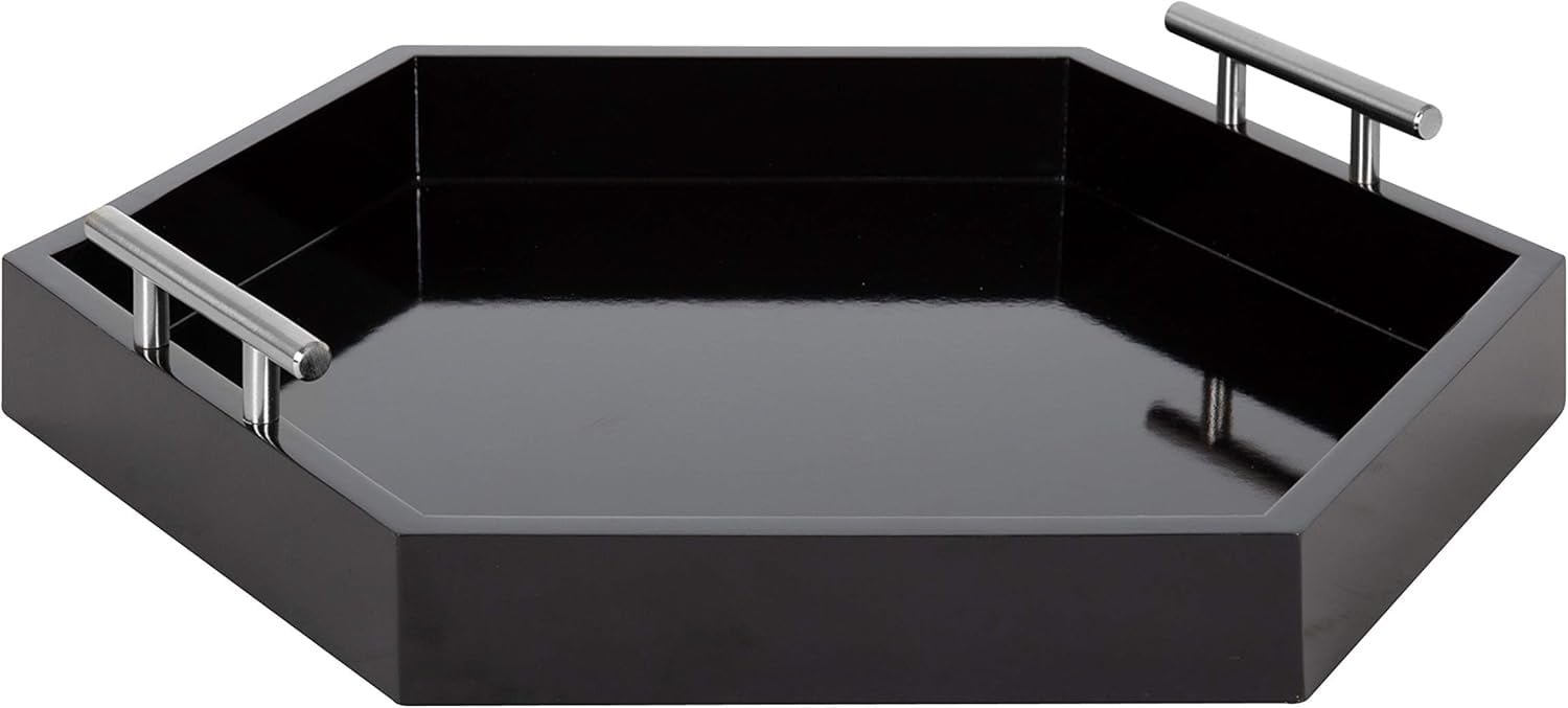 Lipton Hexagon Black Glossy Wooden Tray with Polished Metal Handles