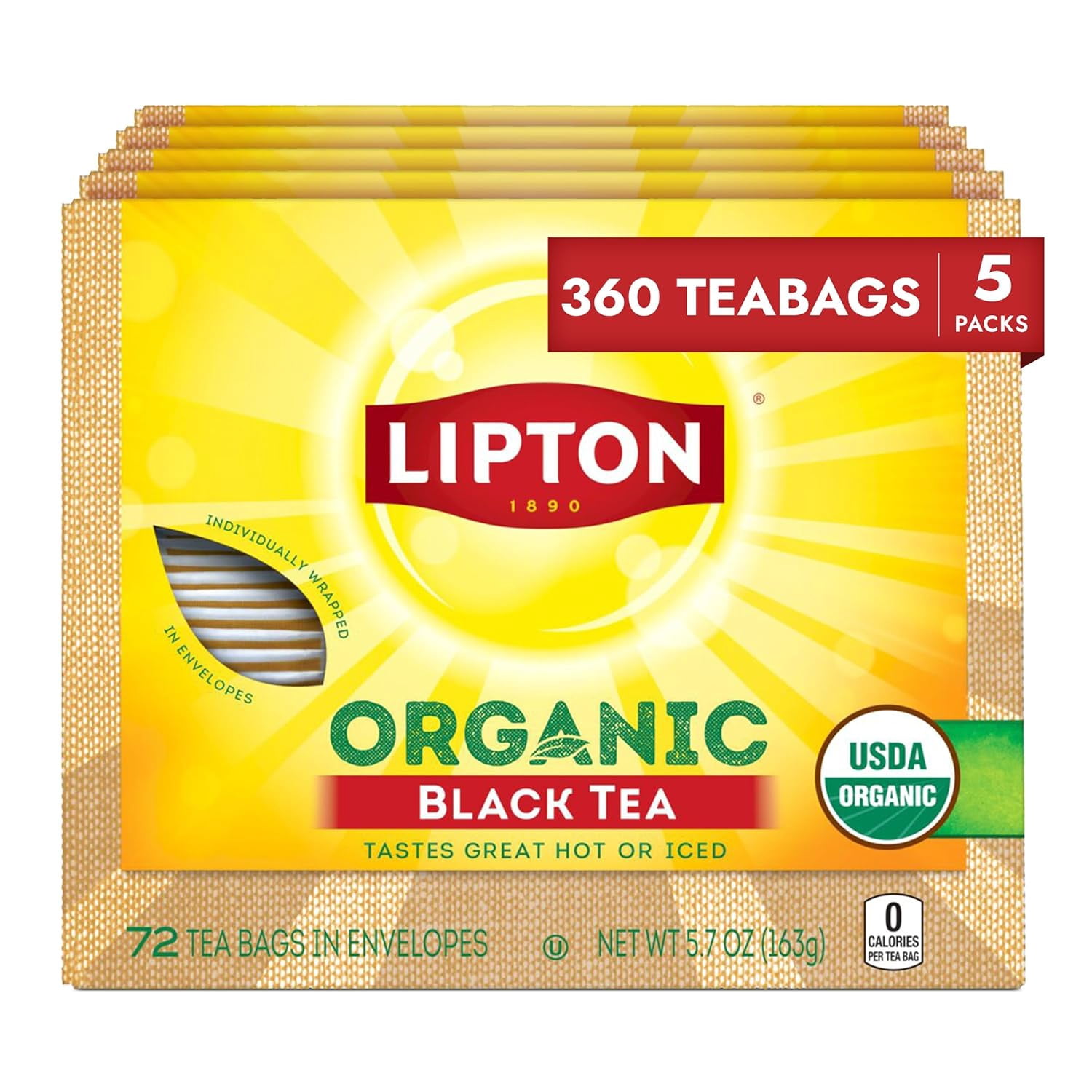 Lipton Organic Black Tea Bags, Can Support Heart Health, 72 Count (Pack of 5)